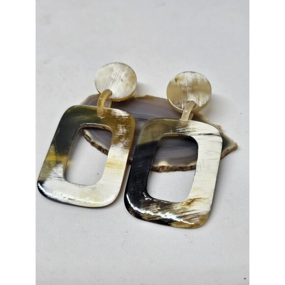 BUFFALO HORN Rectangle Dangle Drop Stud Statement EARRINGS Brown White Beige - Picture 6 of 10